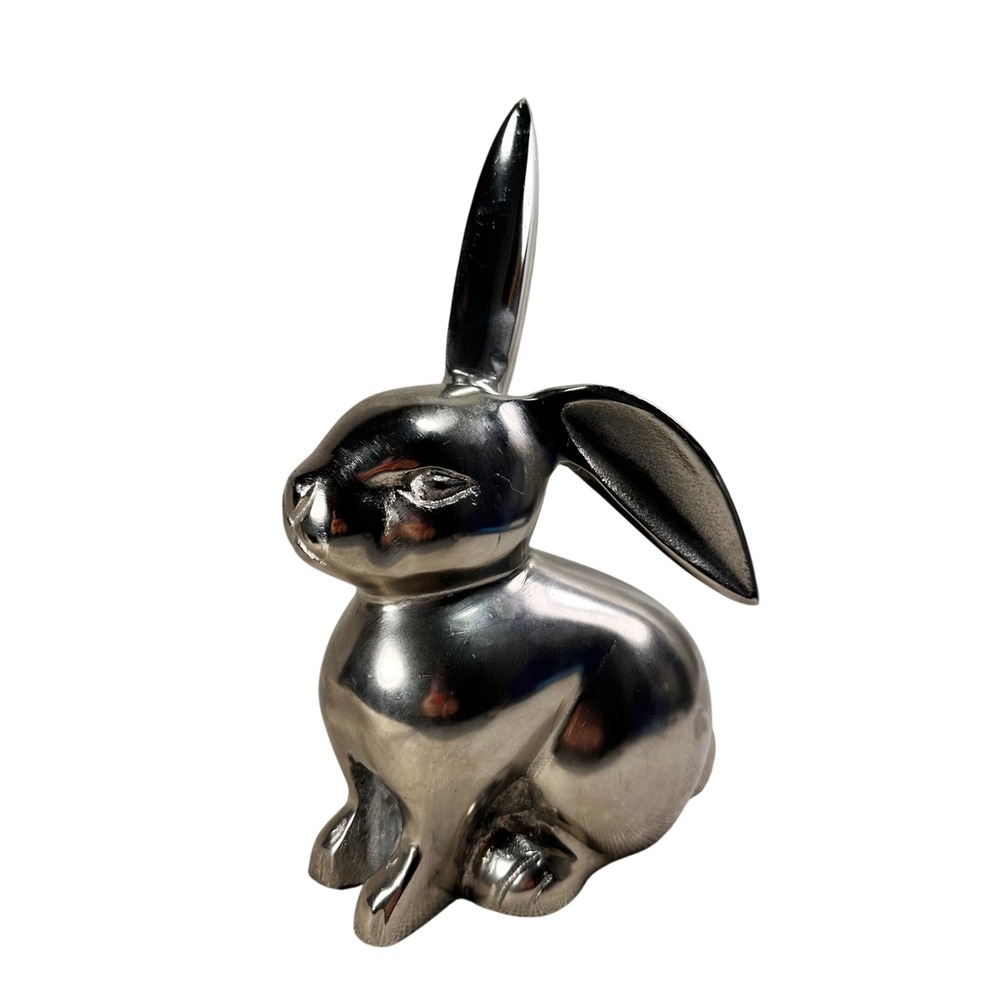 Polished Silver Metal Bunny Rabbit Figurine Modern Easter Spring Decor 9.5 inch